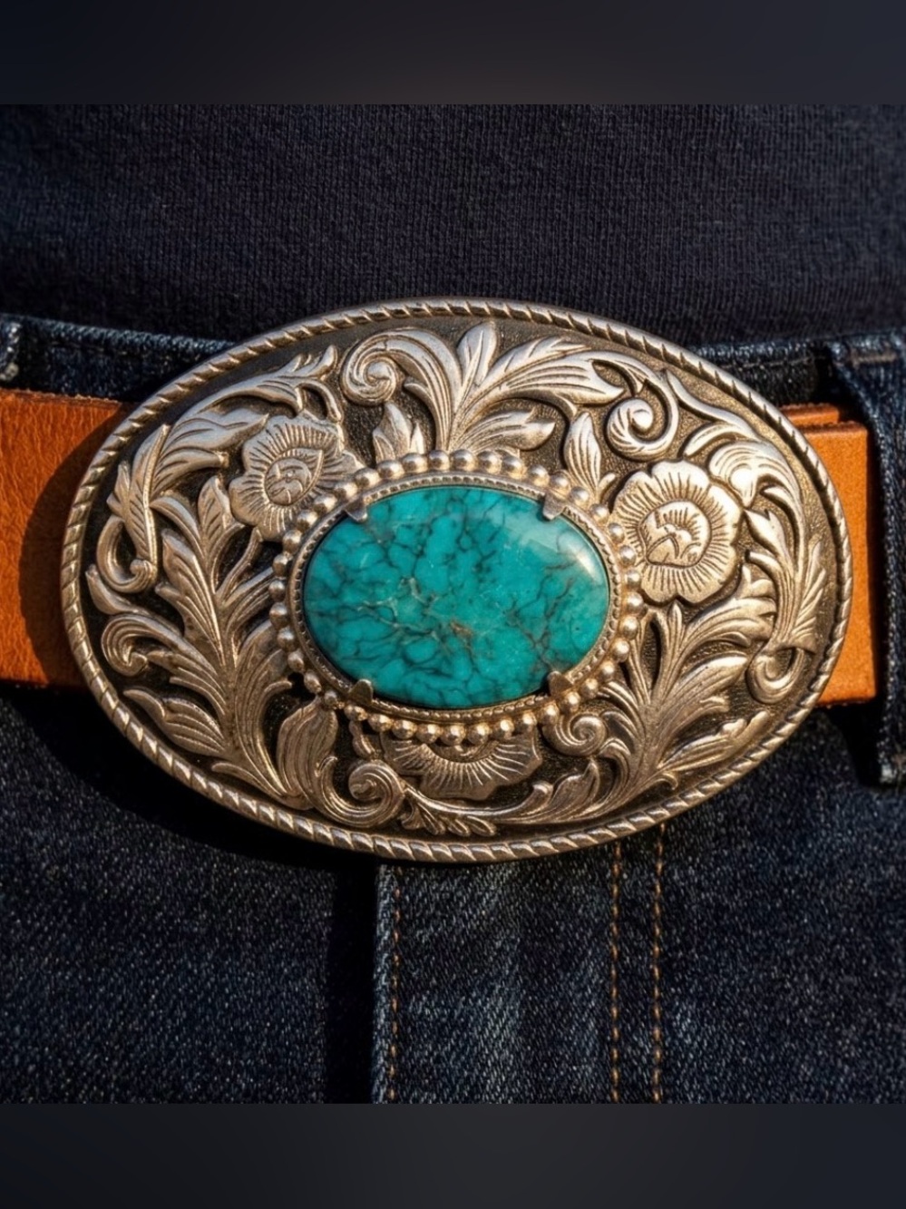 Vintage Estate Heavy Turquoise Floral Belt Buckle 3 1/4” - Picture 5 of 8